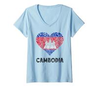 Womens Cambodia Flag Heart Cambodian Roots Cambodian Pride V-Neck T-Shirt
