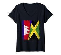Womens Cambodia Jamaica Half Flag Cambodian Jamaican Heritage V-Neck T-Shirt
