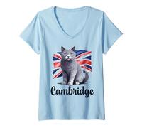 Women's Cambridge British Flag Cat Great Britain Funny V-Neck T-Shirt