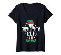 Womens Camera Operator Elf Job Title Funny Christmas Matching Xmas V-Neck T-Shirt