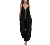 Women's Cami Harem Jumpsuit Spaghetti Strap V Neck Baggy Drape Oversized Playsuit All in One with Pockets Side Slits Summer Cotton Linen Solid Sleeveless Long Romper Ladies Relaxed Fit Casual Black