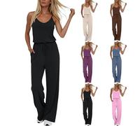 Women's Cami Jumpsuit with Pockets Adjustable Spaghetti Strap V-Neck Wide Leg Jumpsuit Ladies Sleeveless Drawstring Waist Casual Loose Fit Romper Comfortable Summer Beach Lounge Bodysuit