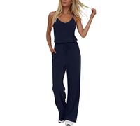 Women's Cami Jumpsuit with Pockets Adjustable Spaghetti Strap V-Neck Wide Leg Jumpsuit Ladies Sleeveless Drawstring Waist Casual Loose Fit Romper Comfortable Summer Beach Lounge Bodysuit