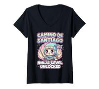 Women's Camino de Santiago Ninja Level Unlocked Kawaii Anime Pilgrim V-Neck T-Shirt