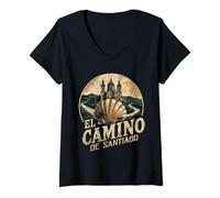Womens Camino de Santiago Shell Tee Vintage Pilgrim Hiking Souvenir V-Neck T-Shirt