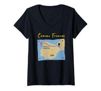 Women's Camino Frances 2026 Santiago de Compostela Pilgrim Map V-Neck T-Shirt