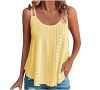 Womens Camisole Top Ladies Sleeveless Summer Tank Top Round Neck Spaghetti Strap Vest Eyelet Embroidery Tee Shirts Casual Loose Fit Swing Hem Vest Going Out Tops UK Size 8-22 Yellow