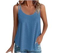 Womens Camisole Top Ladies Sleeveless Summer Tank Top Round Neck Spaghetti Strap Vest Eyelet Embroidery Tee Shirts Casual Loose Fit Swing Hem Vest Going Out Tops UK Size 8-22 Blue