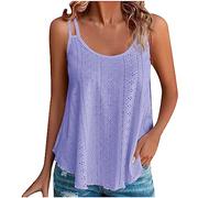 Womens Camisole Top Ladies Sleeveless Summer Tank Top Round Neck Spaghetti Strap Vest Eyelet Embroidery Tee Shirts Casual Loose Fit Swing Hem Vest Going Out Tops UK Size 8-22 Purple