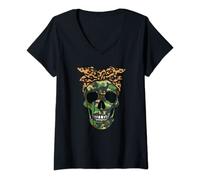 Womens Camo Skull With Leopard Print Bandana Trendy Graphic V-Neck T-Shirt