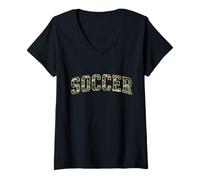 Women's Camo Soccer Camourflage Varsity Text Player Coach V-Neck T-Shirt