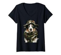 Women's Camouflage Australian Shepherd Camo Hunter Dog Hunting V-Neck T-Shirt