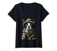 Women's Camouflage Boston Terrier Camo Animal Hunter Hunting Dog V-Neck T-Shirt