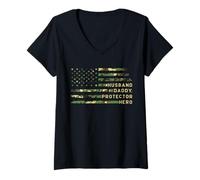 Womens Camouflage Husband Daddy Protector Hero US Flag Camo Dad V-Neck T-Shirt