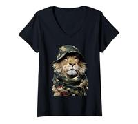 Women's Camouflage Lion Camo Animal Hunter Wildlife Hunting Graphic V-Neck T-Shirt