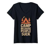 Womens Camp Because People Suck Funny Camping Vintage Distressed V-Neck T-Shirt