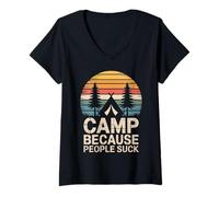 Womens Camp Because People Suck Funny Camping Vintage Distressed V-Neck T-Shirt