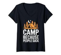 Womens Camp Because People Suck Funny Camping Vintage Distressed V-Neck T-Shirt