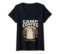 Women's Camp Coffee First Thing Retro Camping Sunrise V-Neck T-Shirt