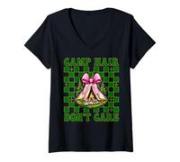 Womens Camp Hair Don't Care Camping Girl Mom Camper Camp Tent V-Neck T-Shirt