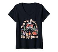 Womens Camp Hair Don't Care Funny Camping Tent Campfire for Women V-Neck T-Shirt