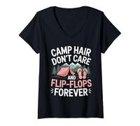 Womens Camp Hair Don't Care Funny Camping Tent Campfire for Women V-Neck T-Shirt