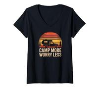 Women's Camp More Worry Less Retro RV Camping Sunset V-Neck T-Shirt
