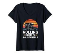 Women's Camper Van Rolling Home On Four Wheels Retro Camping V-Neck T-Shirt