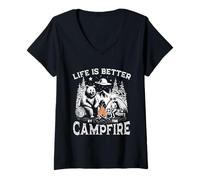 Women's Campfire Bear Alien UFO Forest Camping Outdoor V-Neck T-Shirt