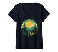 Women's Camping Moon Forest Mountain Tent Campfire Wilderness V-Neck T-Shirt