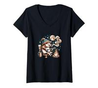 Womens Camping Pig Playing Guitar by Campfire Under Moon V-Neck T-Shirt