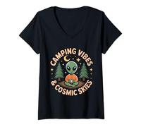 Womens Camping Vibes & Cosmic Skies Alien Coffee Design V-Neck T-Shirt