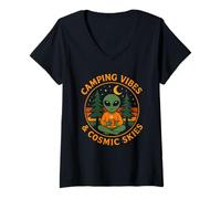 Womens Camping Vibes Cosmic Skies Funny Alien Coffee Forest Design V-Neck T-Shirt