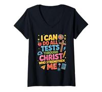 Women's Can Do All Tests God Student School Christian Test Day V-Neck T-Shirt