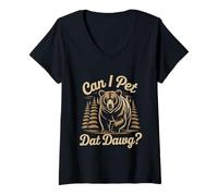 Womens Can I Pet Dat Dawg Funny Hiker Animal Lover Bear Meme V-Neck T-Shirt