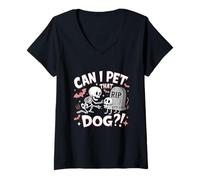 Womens Can I Pet That Dog Skeleton Dog Lover Halloween Cemetery V-Neck T-Shirt