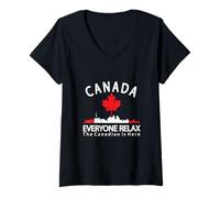 Womens Canada Everyone Relax The Canadian is Here Patriotic Canada V-Neck T-Shirt