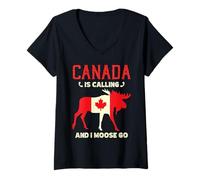 Women's Canada Is Calling And I Moose Go Canadian Flag Maple Leaf V-Neck T-Shirt