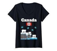 Womens Canada Polar Bears Snowflakes Snowy Canadian Flag Souvenir V-Neck T-Shirt
