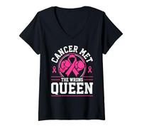 Women's Cancer Met The Wrong Queen Breast Cancer Awareness Warrior V-Neck T-Shirt