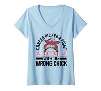 Women's Cancer Picked A Fight with The Wrong Chick Messy Bun V-Neck T-Shirt