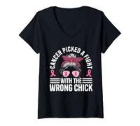 Women's Cancer Picked A Fight with The Wrong Chick Messy Bun V-Neck T-Shirt
