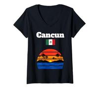 Womens Cancun beach souvenir palm trees ocean sunset Mexico flag V-Neck T-Shirt
