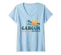 Women's Cancun Mexico Vintage Sunset Beach V-Neck T-Shirt