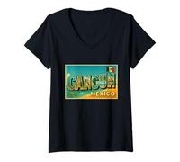 Womens Cancun Mexico Vintage Trip Travel Souvenir Post Art Graphic V-Neck T-Shirt