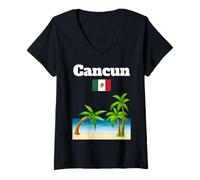 Womens Cancun souvenir tropical beach palm tree Mexico flag V-Neck T-Shirt