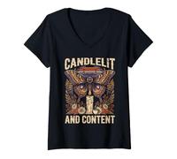 Women's Candlelit and Content Moth Book Lovers V-Neck T-Shirt