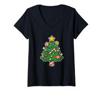 Womens Candy Christmas Tree with Star V-Neck T-Shirt