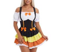 Women's Candy Corn Halloween Costume Contrast Color Mini Cosplay Dress | Halloween Candy Corn Costume for Women Adult Off Shoulder Ruffle Mini Dress Oktoberfest Bavarian Beer Maid Cosplay Outfit