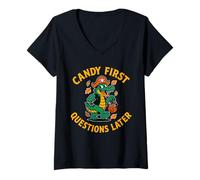 Womens Candy First Questions Later Funny Trick or Treat, Halloween V-Neck T-Shirt